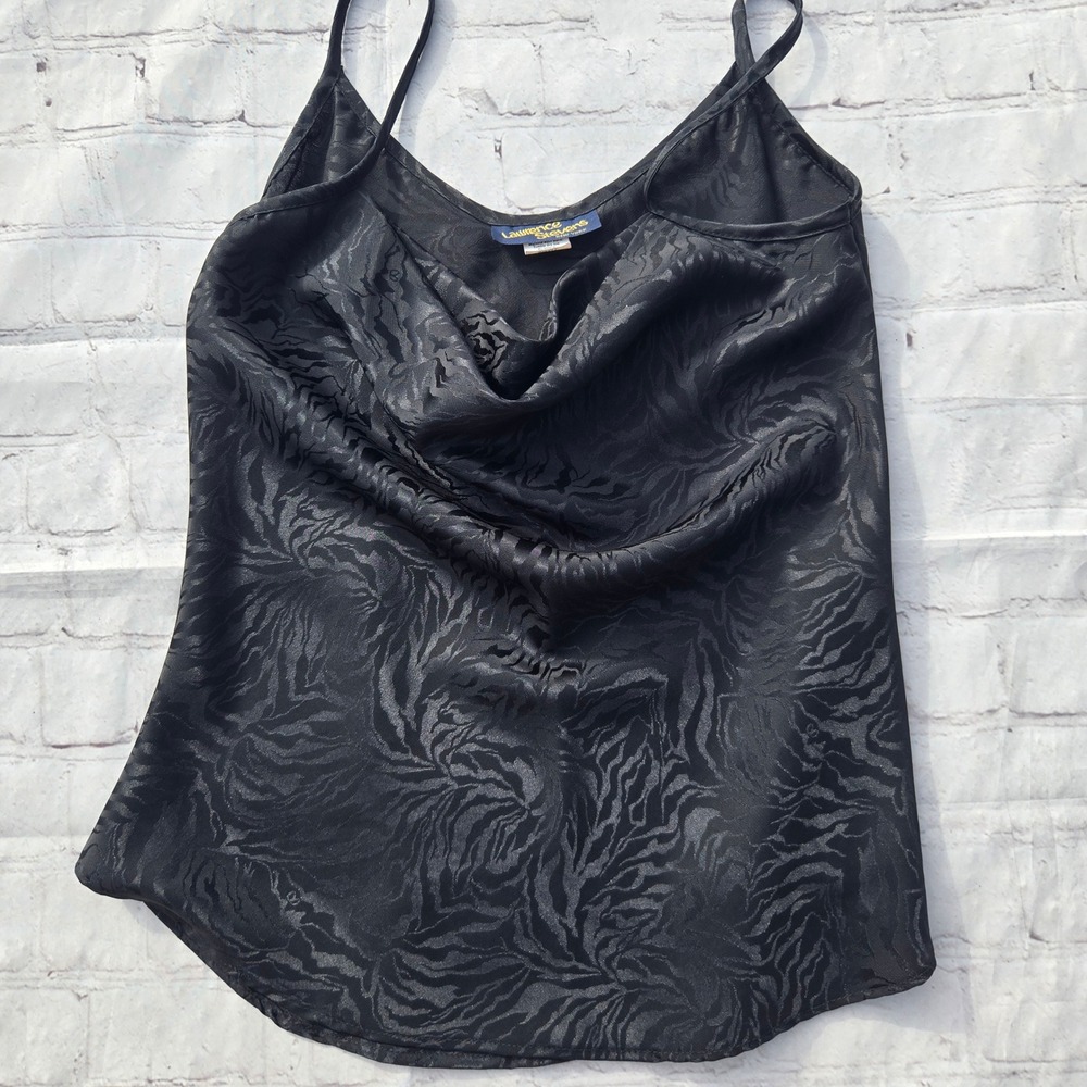 American Vtg black satin tonal zebra embossed cowl neck tank cami mob wife y2k